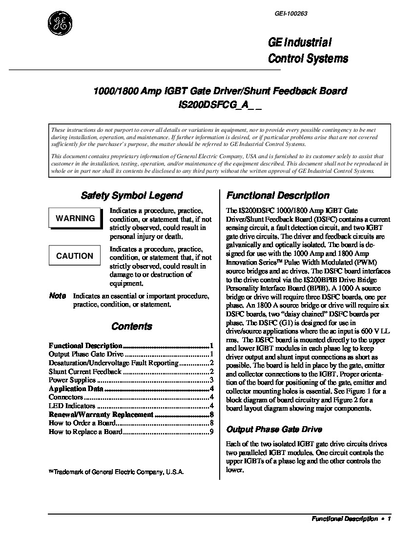 First Page Image of IS200DSFCG1A IGBT Gate Driver Shunt Feedback Board GEI-100263.pdf